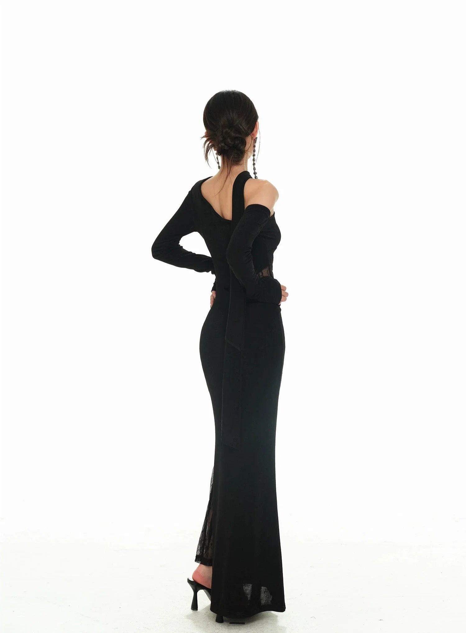 Black Asymmetric Neckline and Lace Inserts Long Evening Gown
