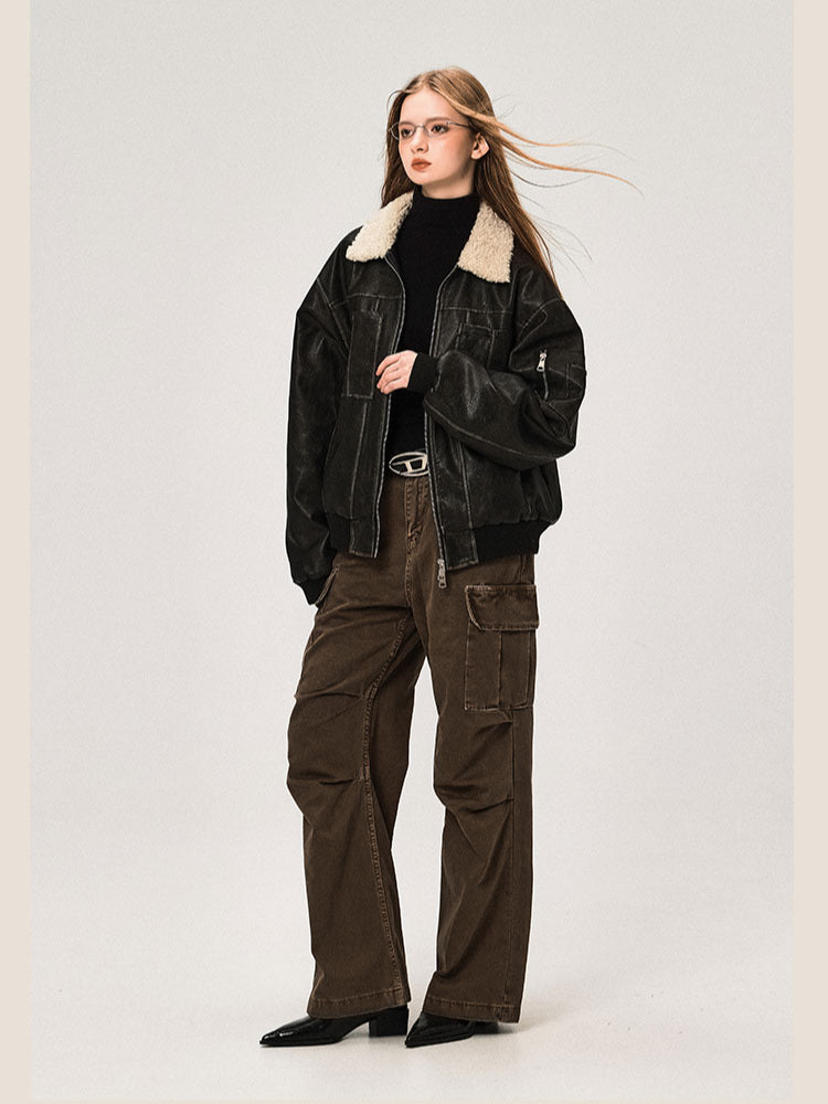 Veste en cuir PU avec col en laine d'agneau