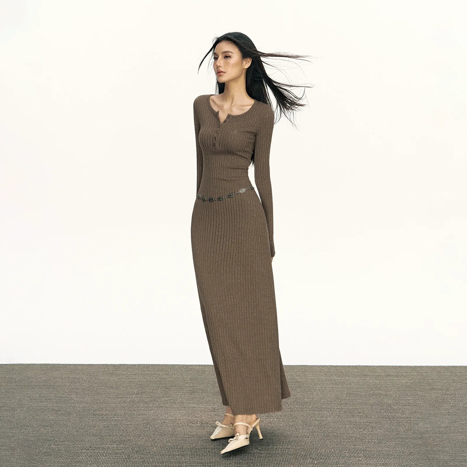 Brown Ribbed Henley Maxi Dres