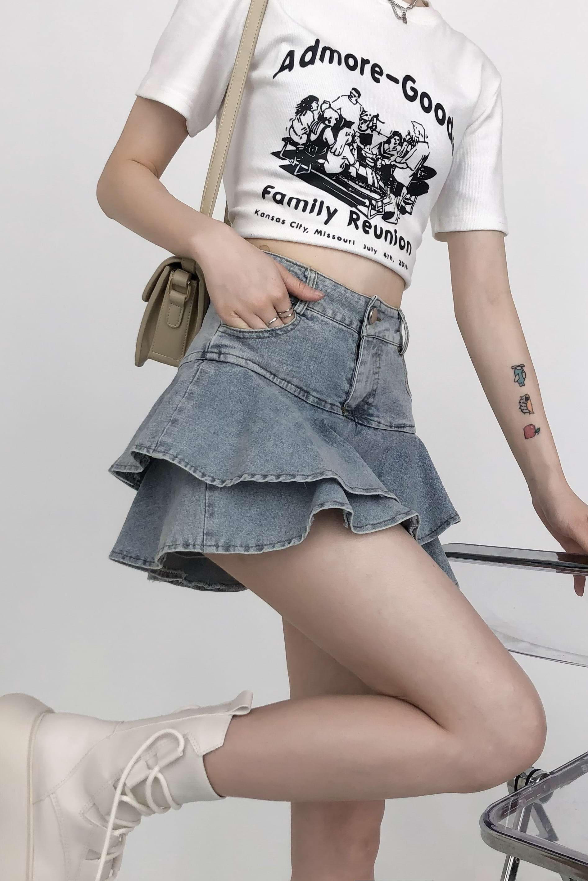 레이어드 데님 러플 미니 스커트