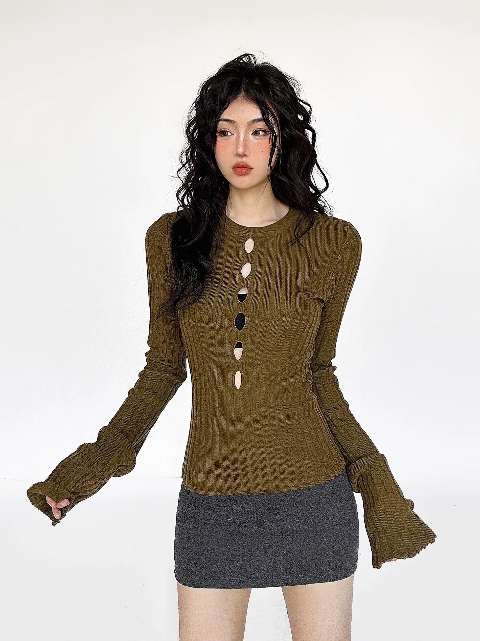 Cutout Ribbed Bell Sleeve Top