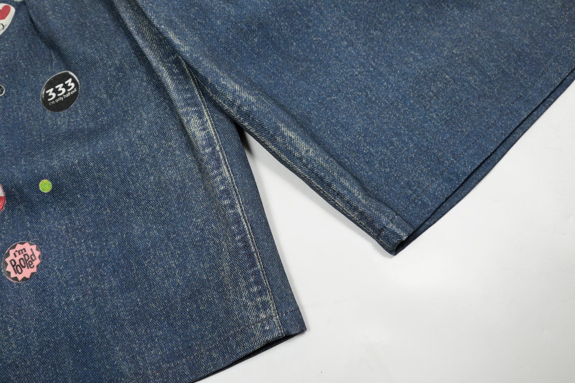 Wide-Leg Denim Shorts with Graphic Print and Button Details