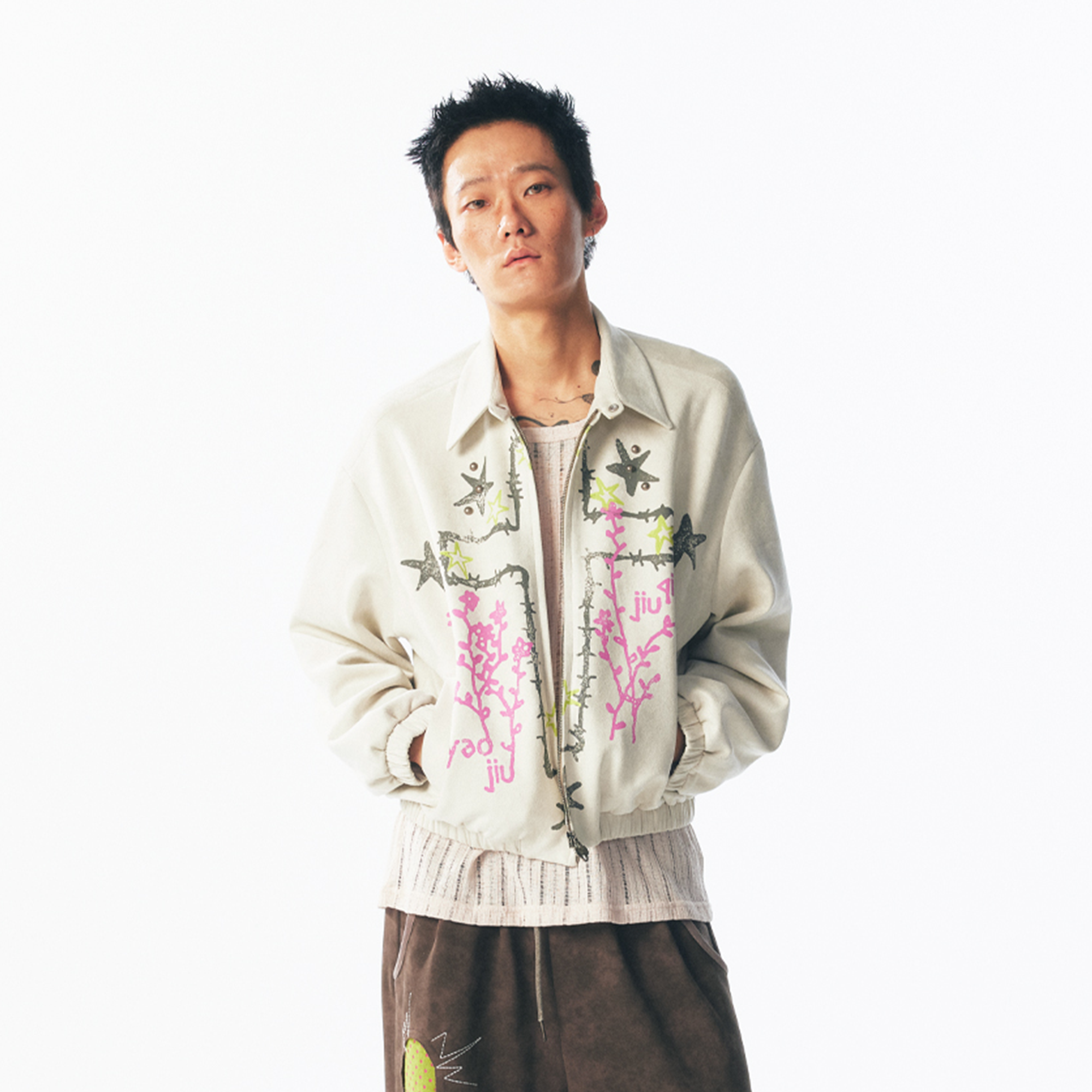 Floral Cross Faux Suede Zip Jacket