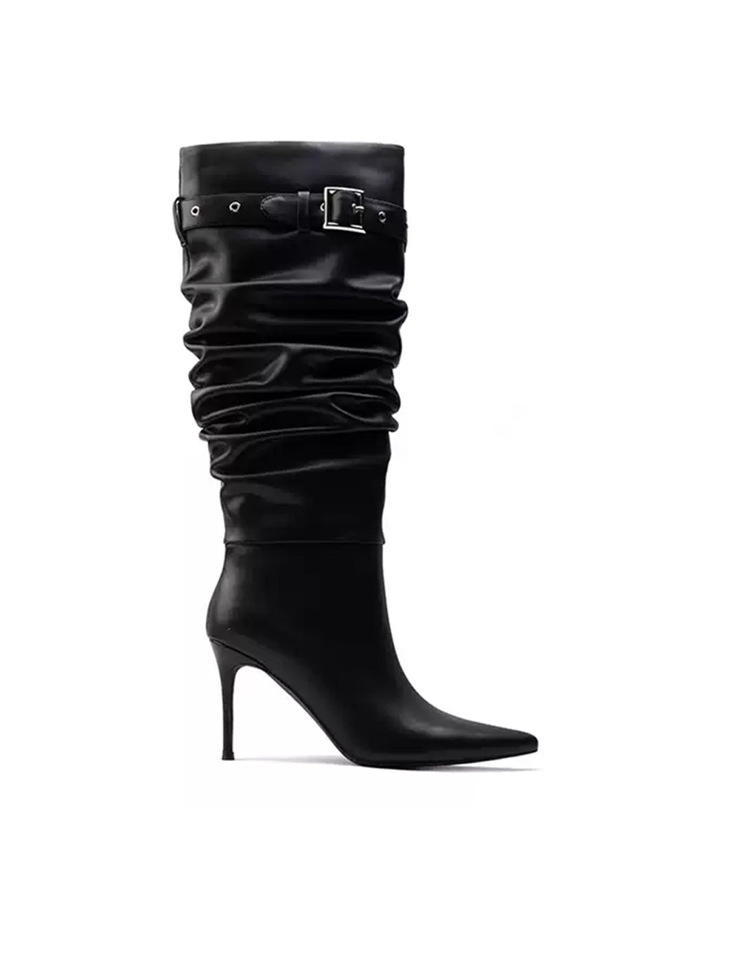 Buckle-Trim Ruched Leather Stiletto Boots - view 5