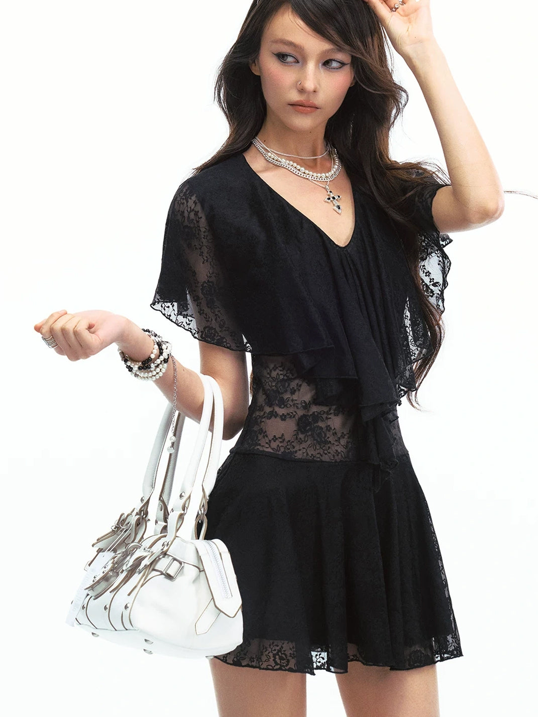 Black Flutter-Ruffle Lace-Waist Mini Dress - view 5