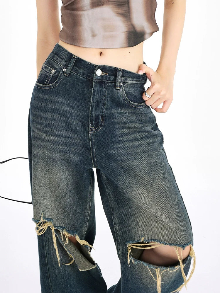Distressed Raw Hem Dark Wide Leg Jeans