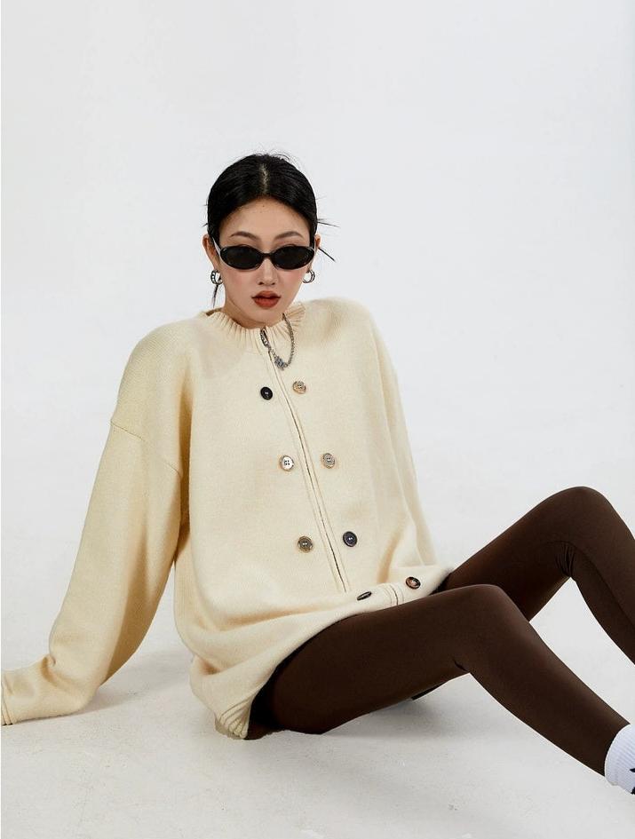 Ribbed Trim Oversized Button Zip Knit Cardigan
