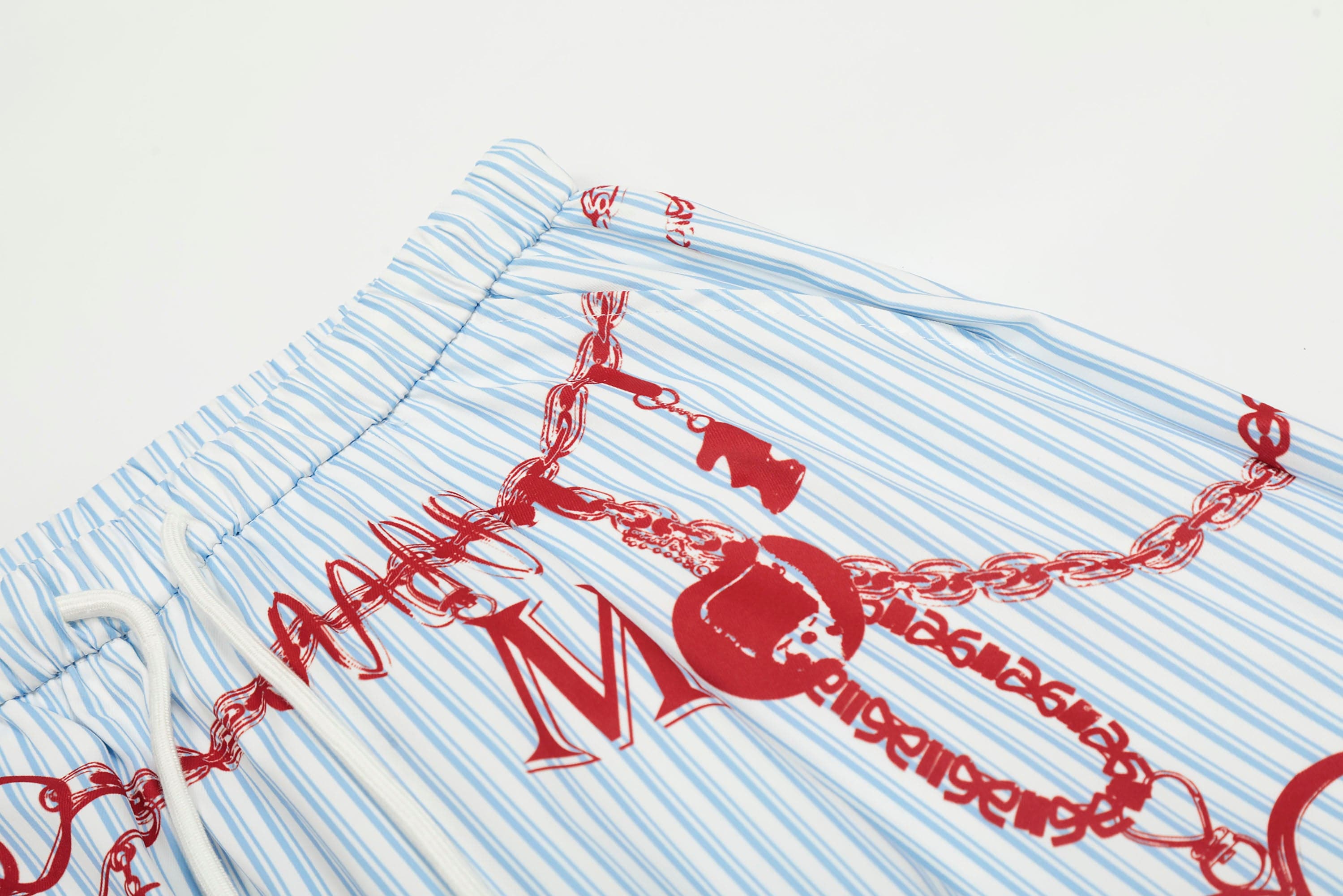 Blue Pinstripe Pants with Red Chain Print
