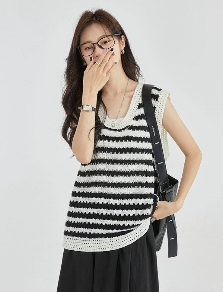 Striped Crochet Sleeveless Knit Top