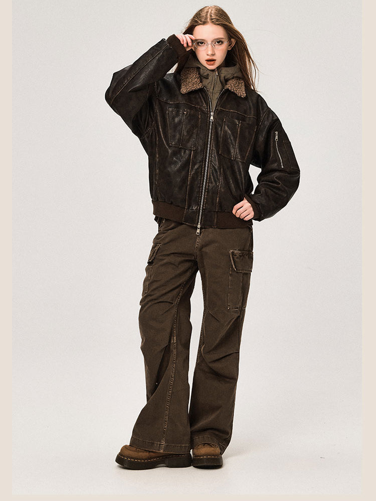 Veste en cuir PU avec col en laine d'agneau