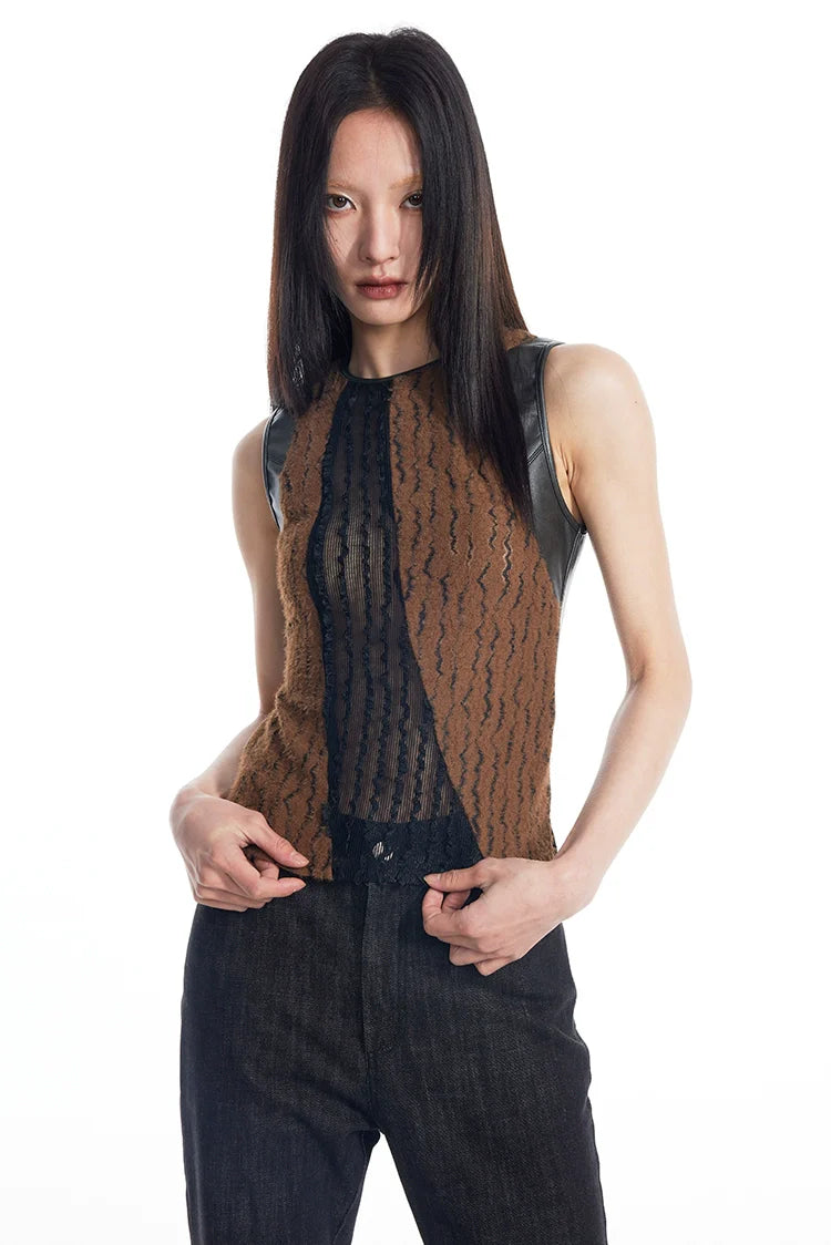 Brown and Black Knit Panel Tank Top