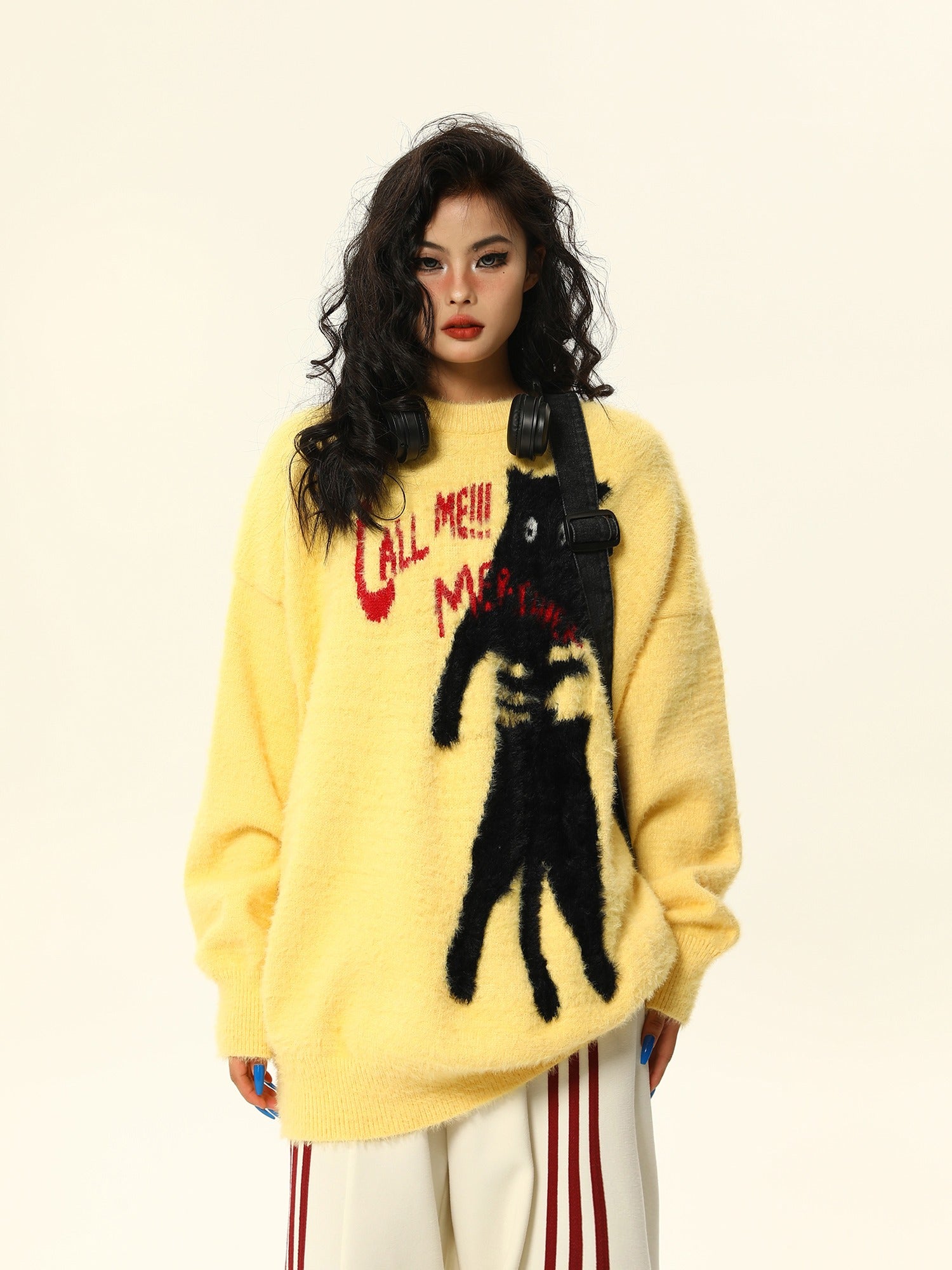 Grafischer Druck Fuzzy Strickpullover Top