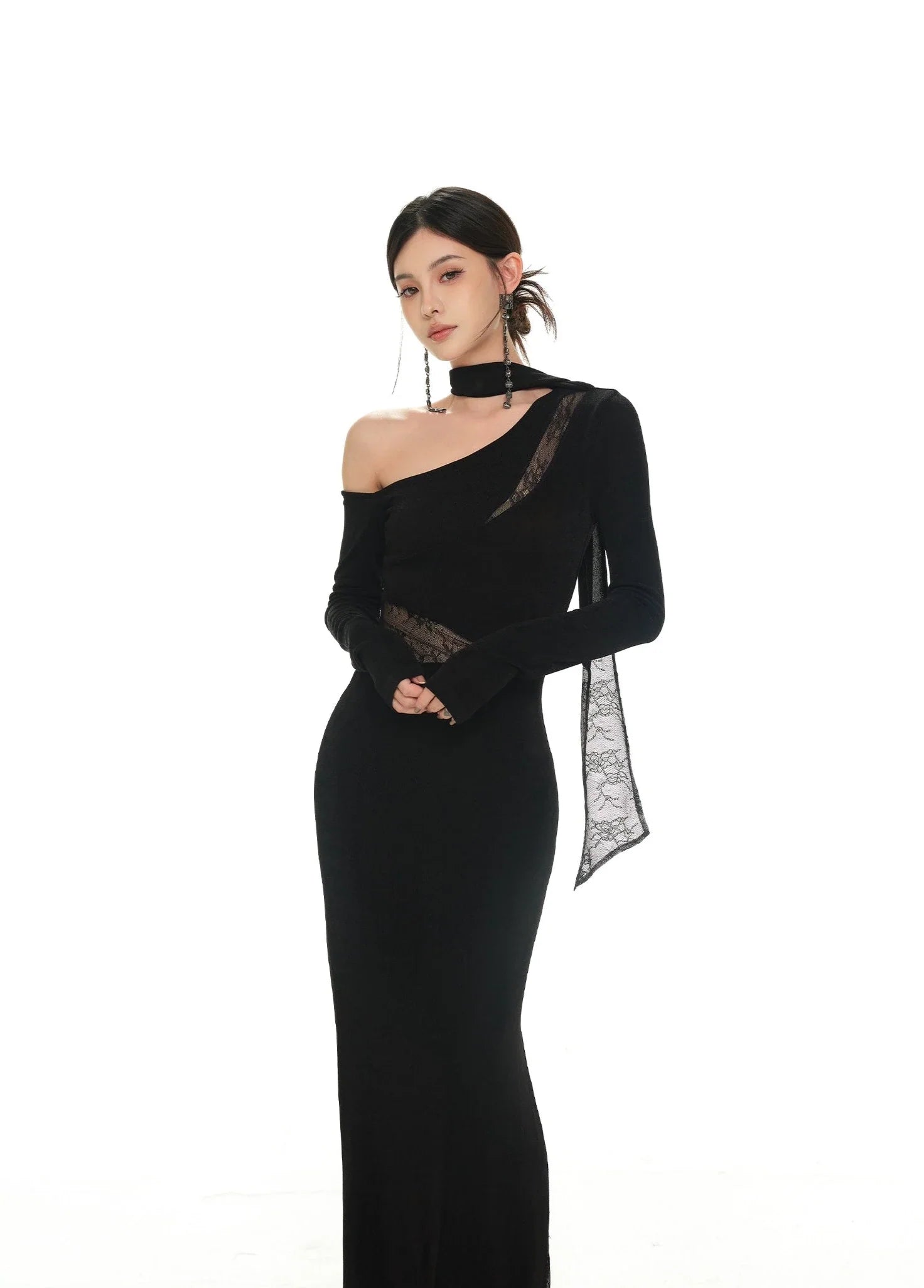 Black Asymmetric Neckline and Lace Inserts Long Evening Gown