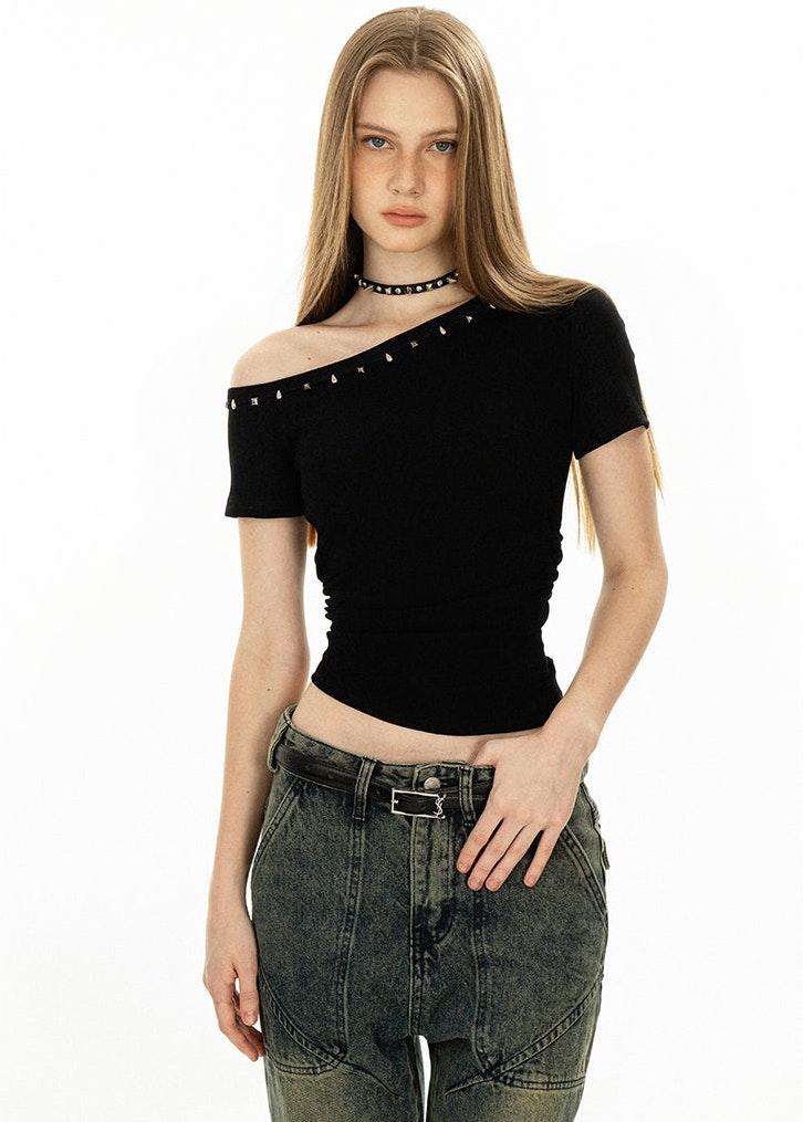Studded Off Shoulder Crop Top