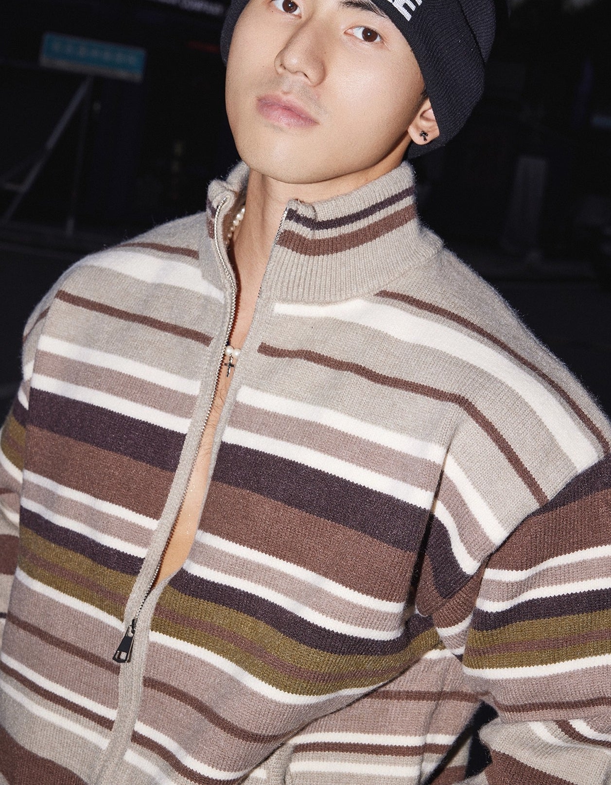 Brown Striped Zip Up Knit Sweater