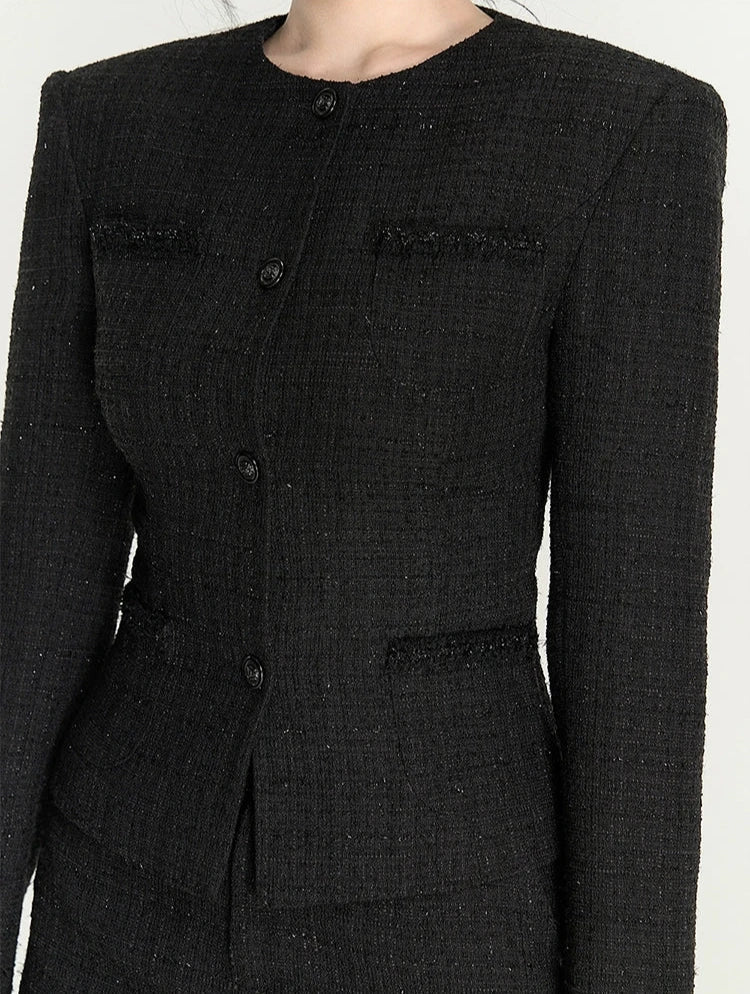 Black Boxy Tweed Blazer and Short Set