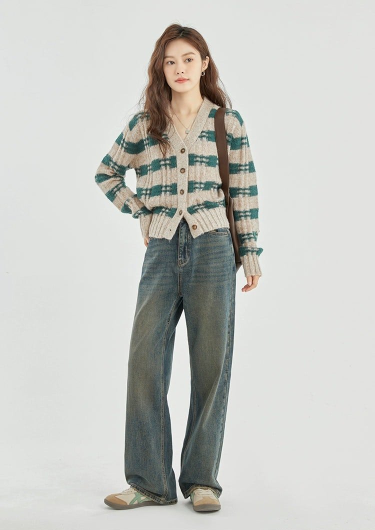 Green and Beige Plaid Knit Cardigan