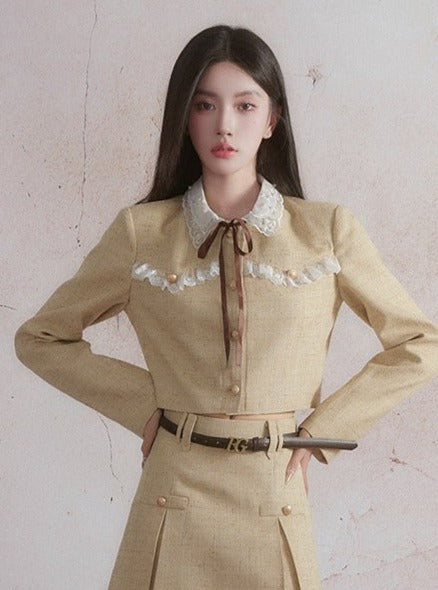 Veste de récolte vintage prairie chic et ensemble de jupe midi midi en ligne - blé doré