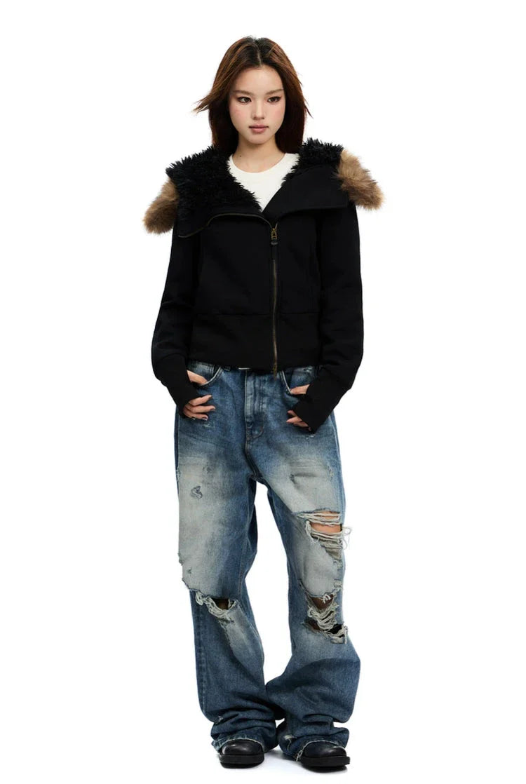 Zip-Up Hoodie with White Faux Fur Hood Trim