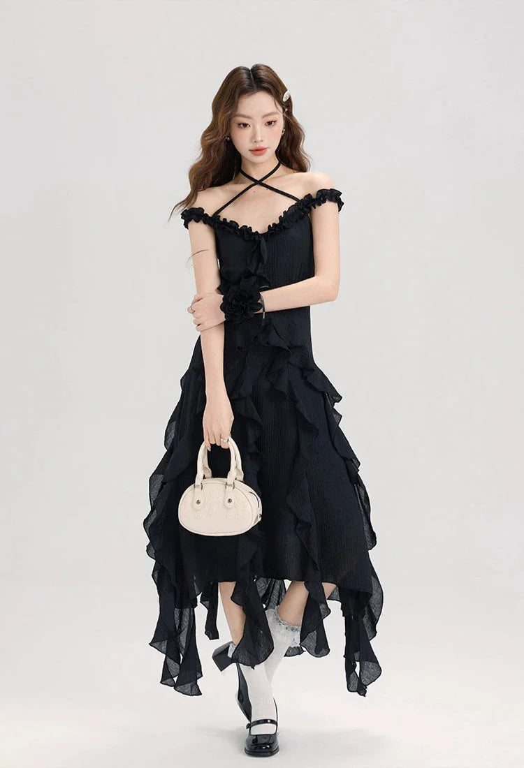 Black Ruffle Asymmetric Halter Dress