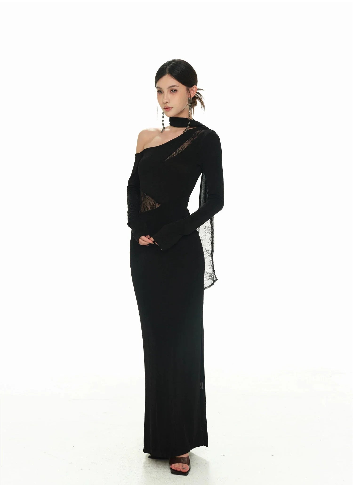 Black Asymmetric Neckline and Lace Inserts Long Evening Gown