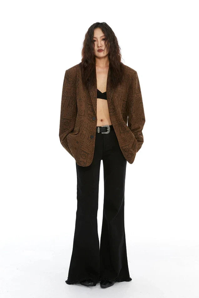 브라운 트라이벌 프린트 오버사이즈 블레이저