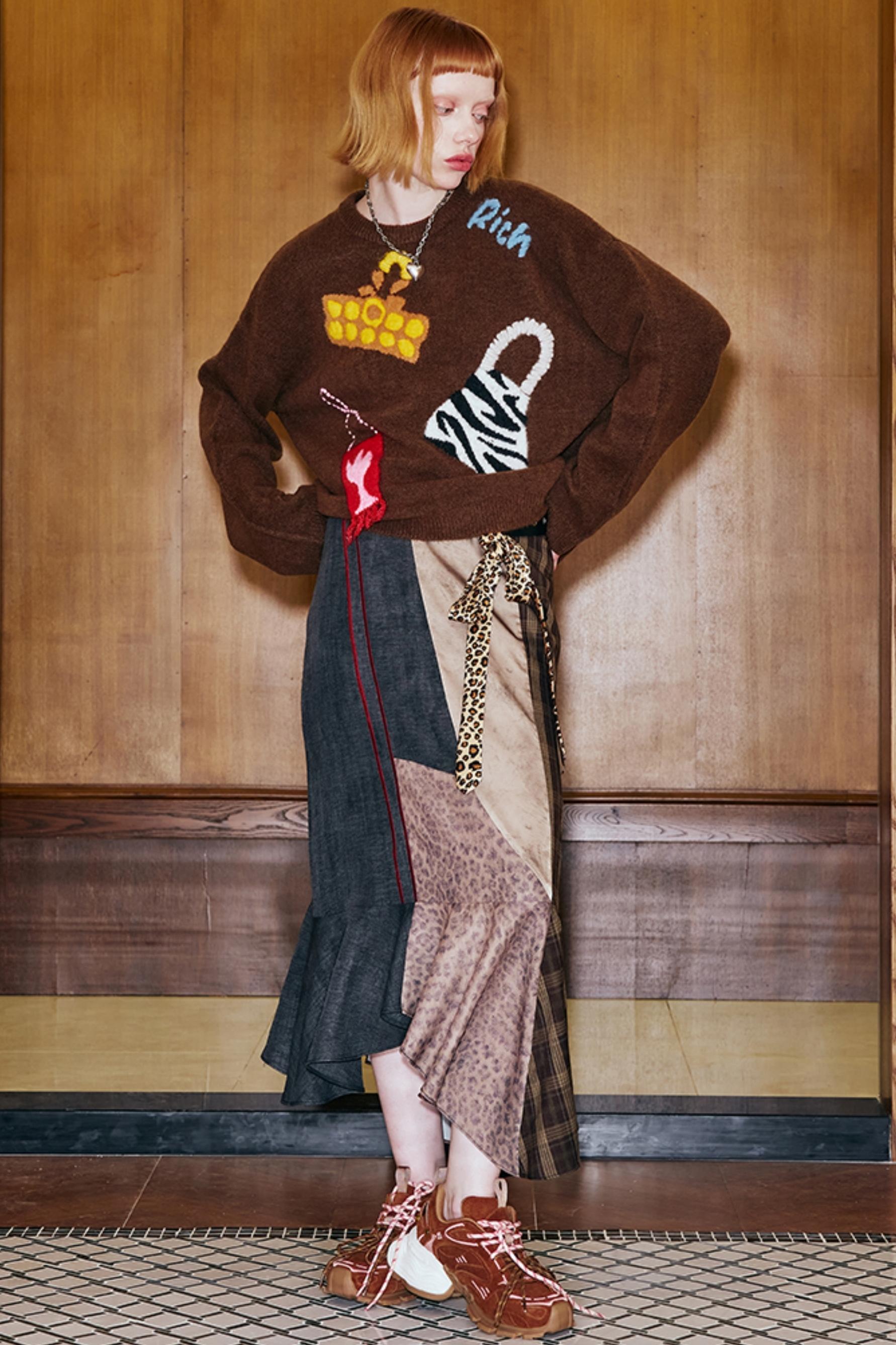 패치워크 데님 레오파드 미디 스커트