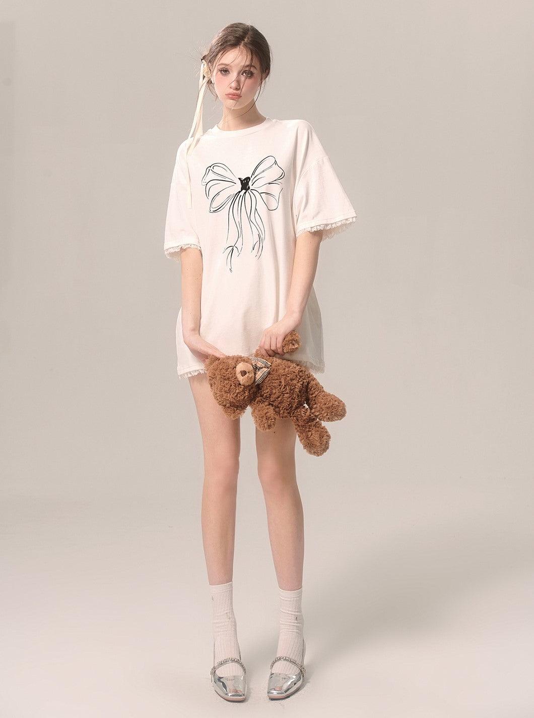 White Loose Short-sleeved T-shirt with Bow Lace Trim - chiclara