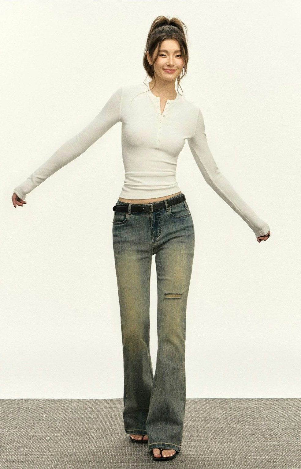 Ribbed Henley Crew Neck Crop Top