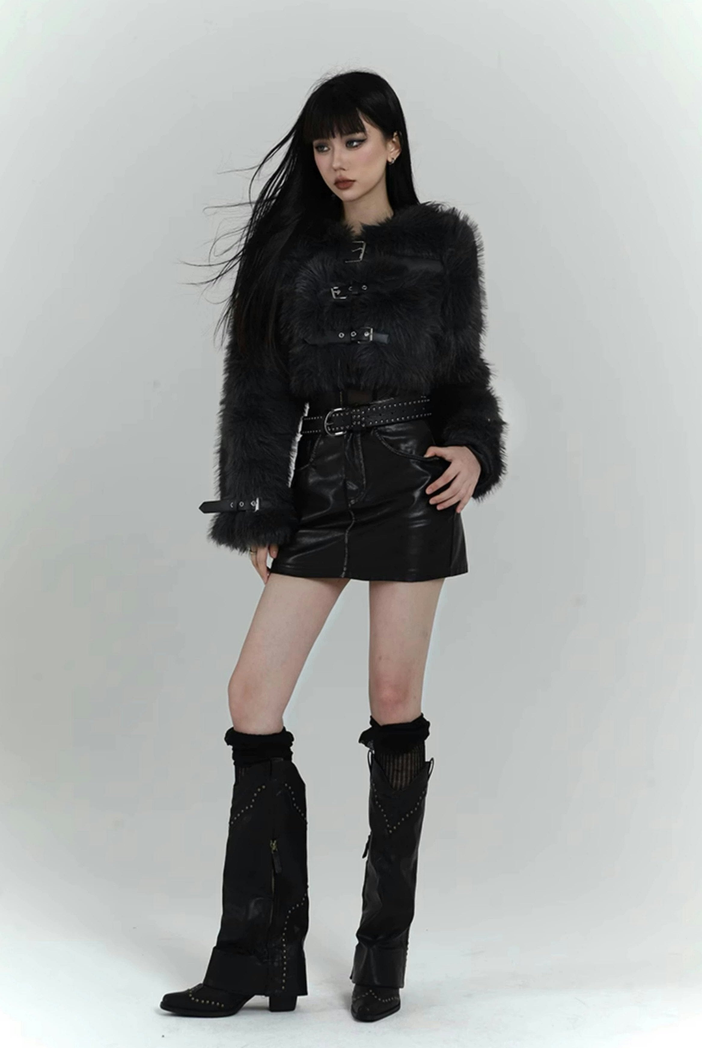 Black Gothic Buckle Fur Jacket