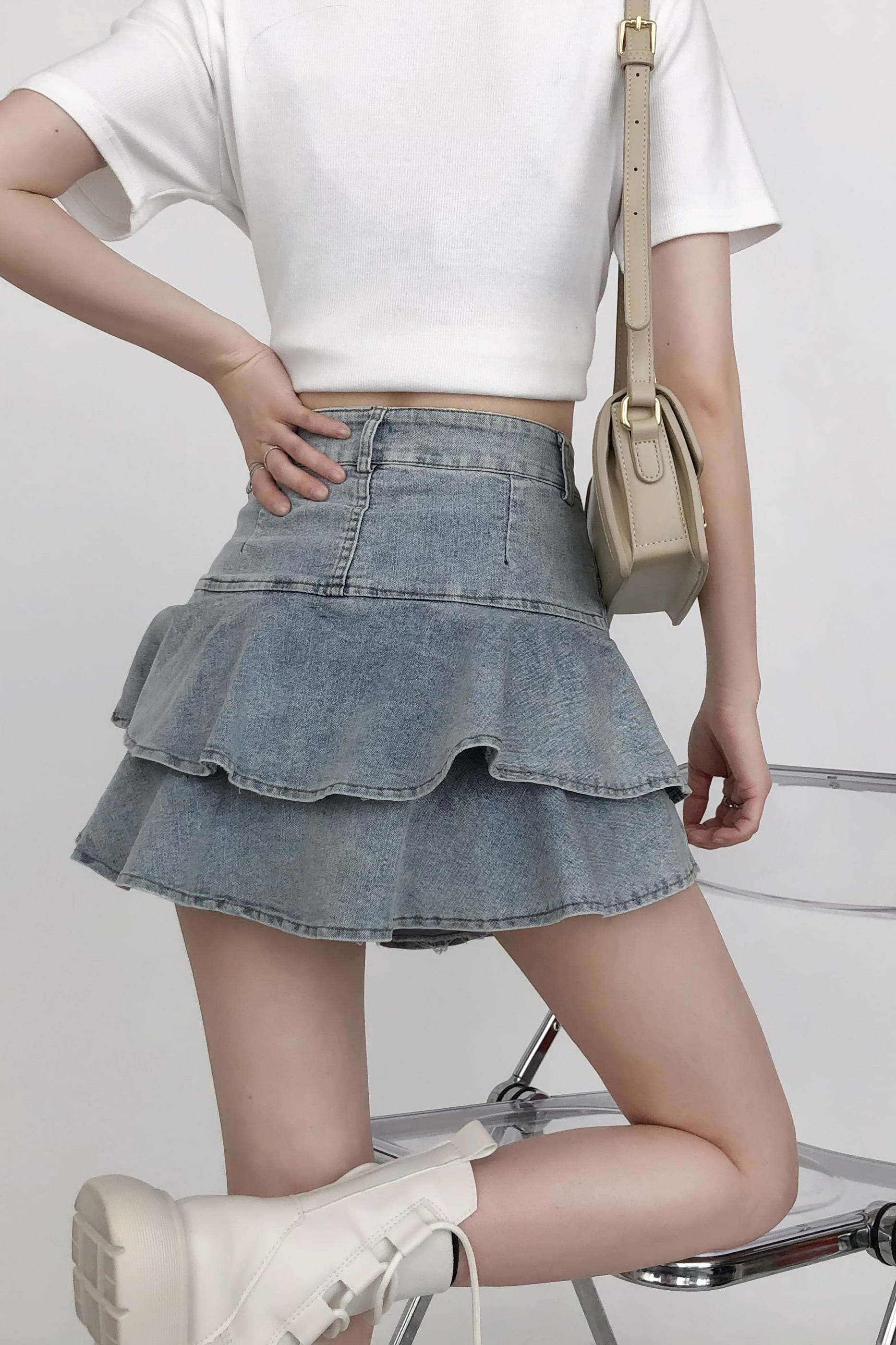 레이어드 데님 러플 미니 스커트