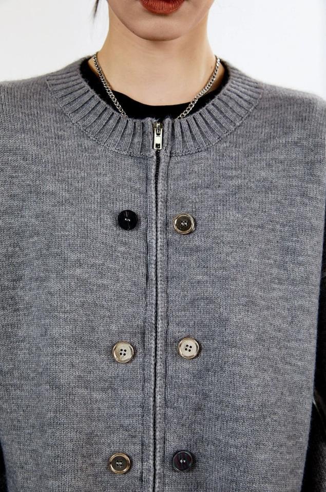 Ribbed Trim Oversized Button Zip Knit Cardigan