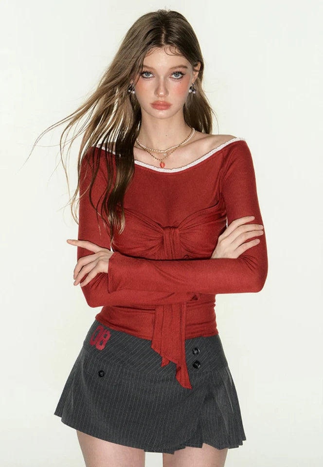 Red Long Sleeves Off-Shoulder Tie-Front Top