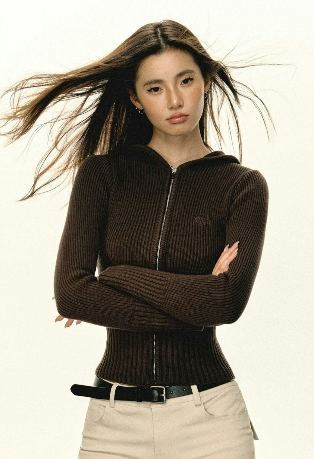 Ribbed Fitted Zip Hooded Sweater