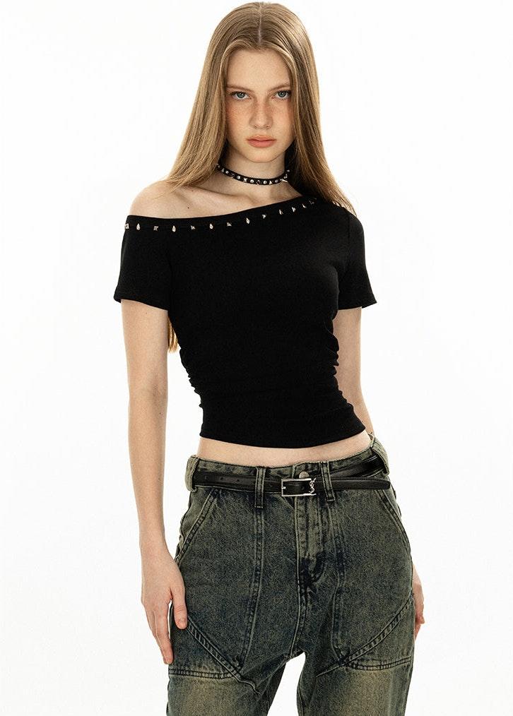 Studded Off Shoulder Crop Top