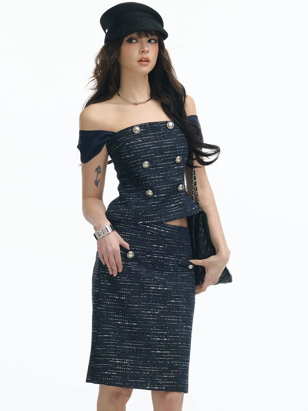 Silver-Fleck Navy Tweed Bardot Top or Pencil Skirt - view 5