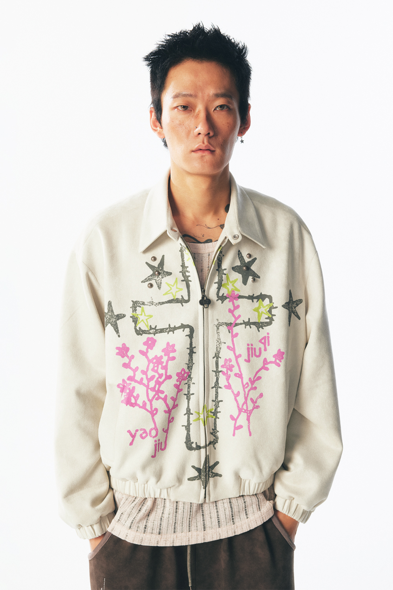 Floral Cross Faux Suede Zip Jacket