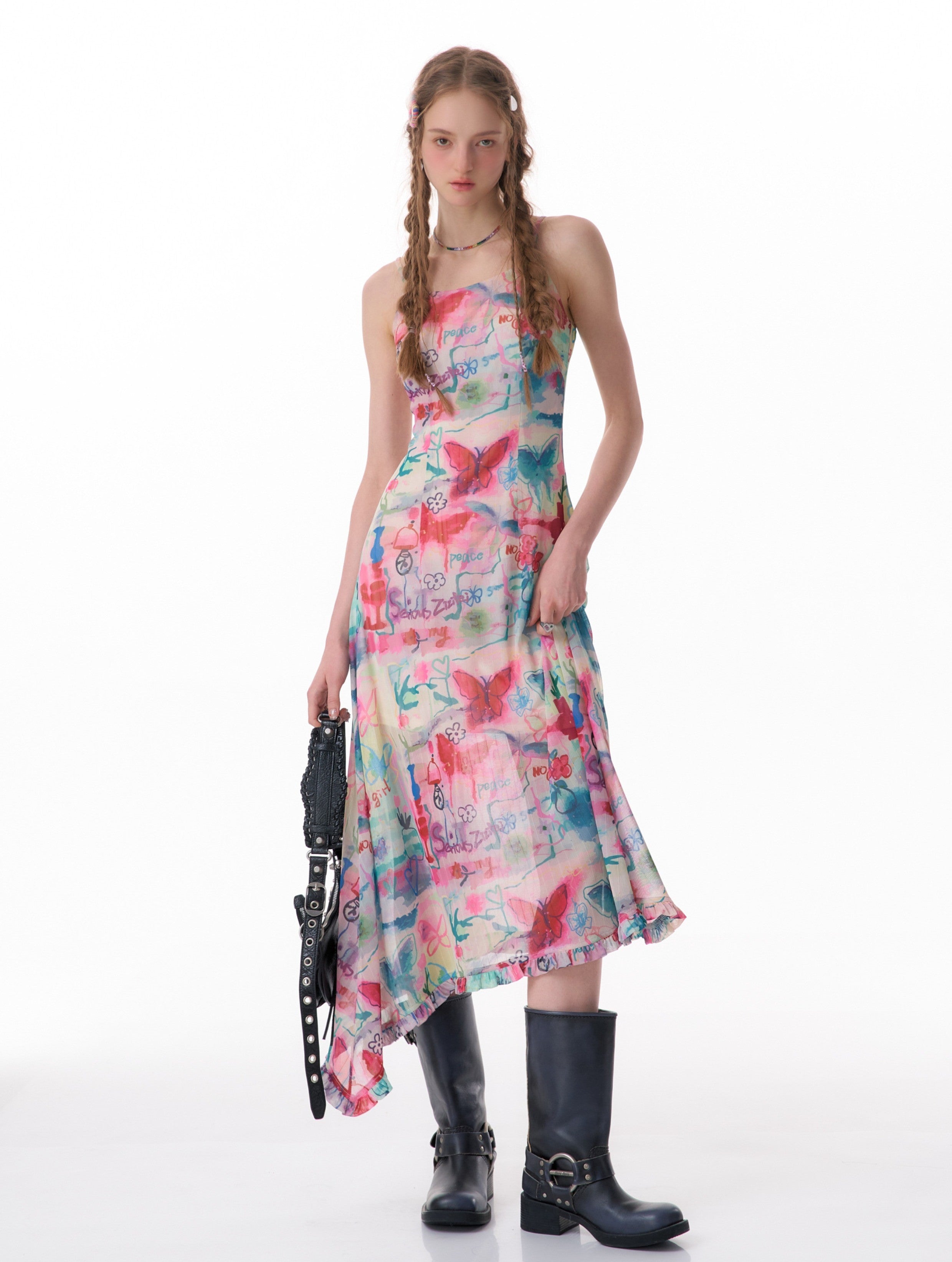 Vestido slip de midi estampado de mariposa