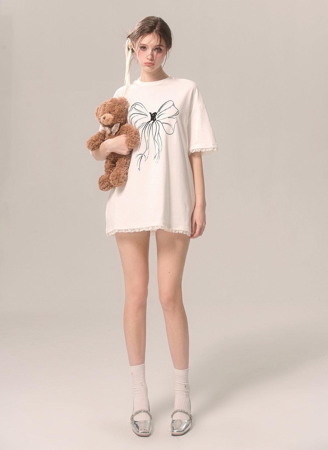 White Loose Short-sleeved T-shirt with Bow Lace Trim - chiclara