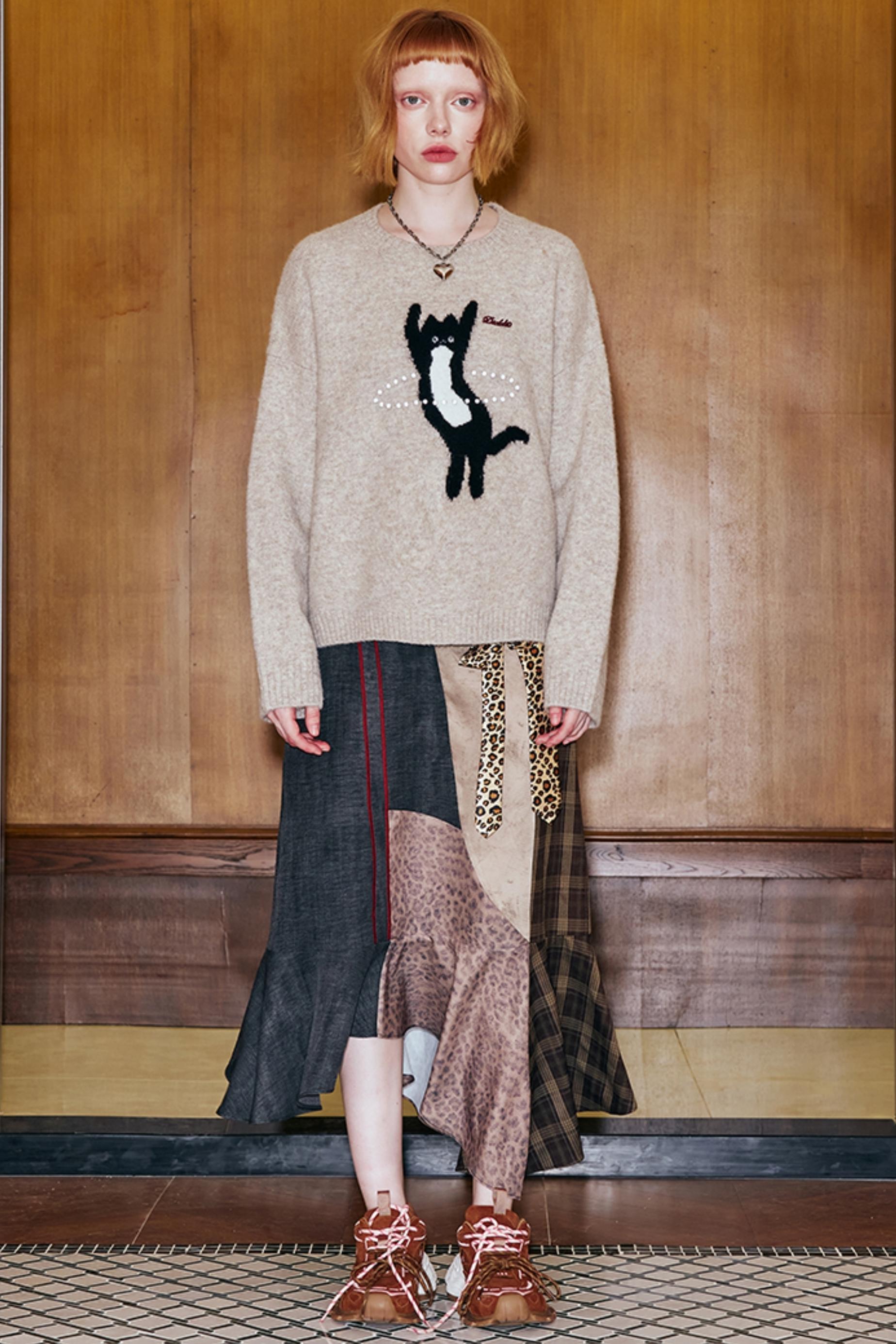 패치워크 데님 레오파드 미디 스커트