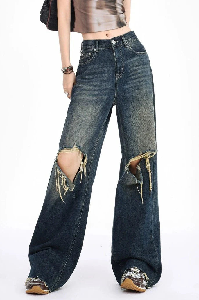 Distressed Raw Hem Dark Wide Leg Jeans