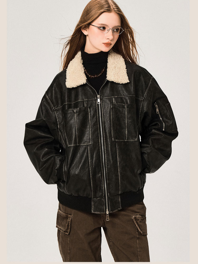 Veste en cuir PU avec col en laine d'agneau