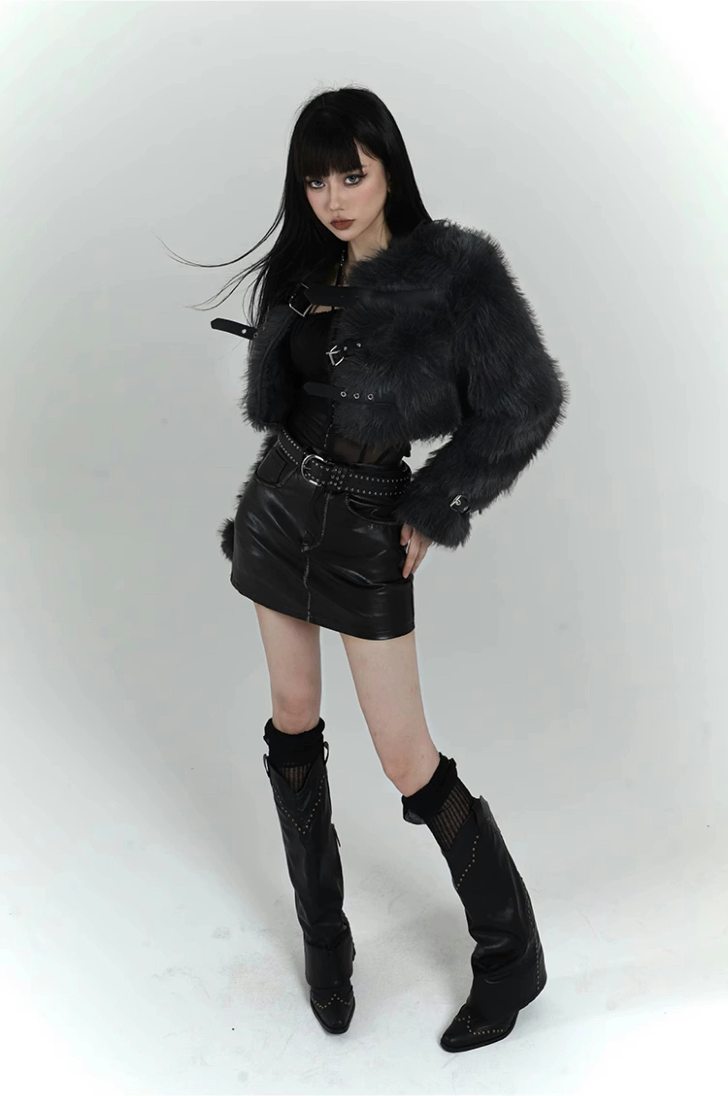 Black Gothic Buckle Fur Jacket
