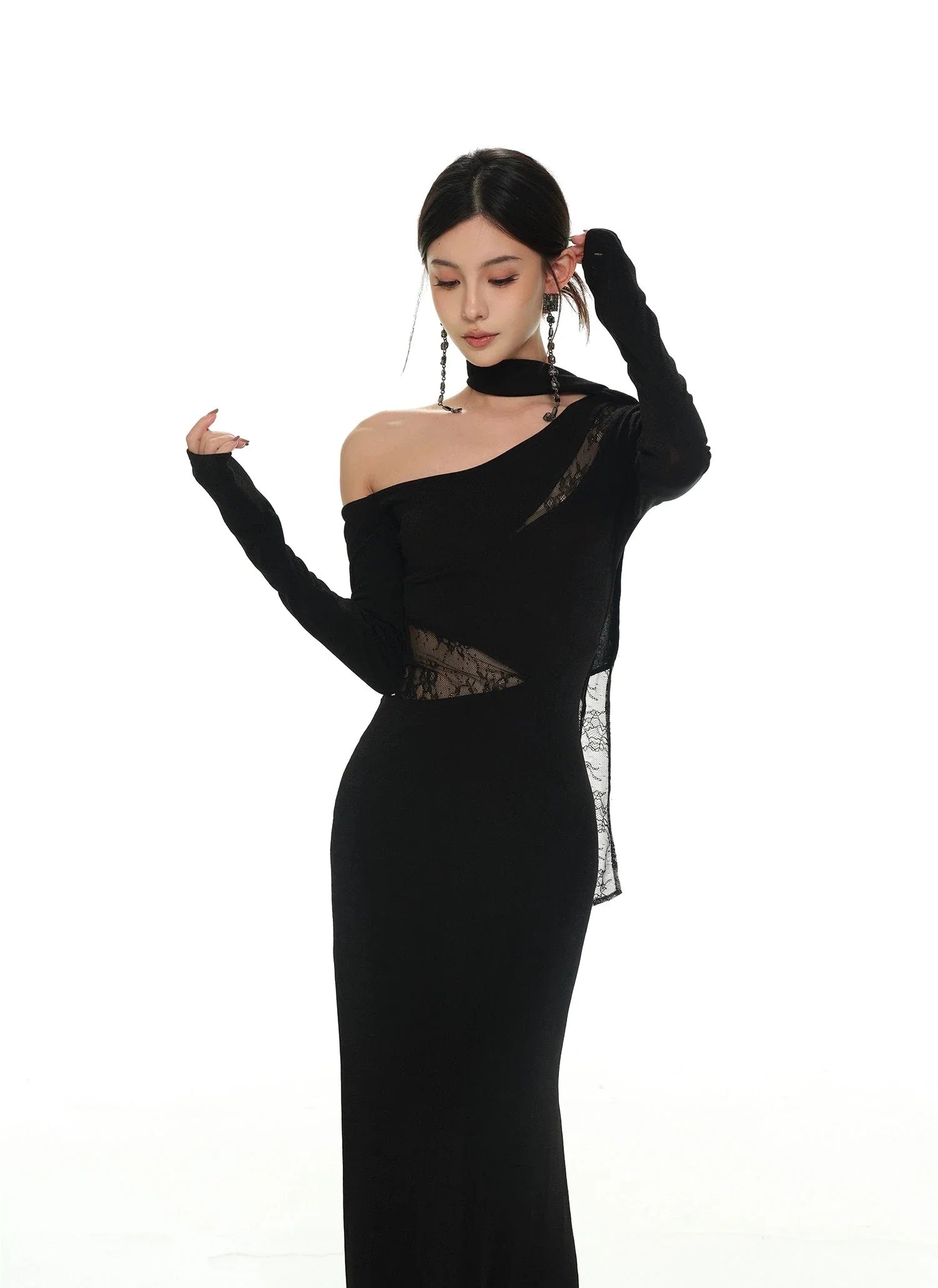 Black Asymmetric Neckline and Lace Inserts Long Evening Gown