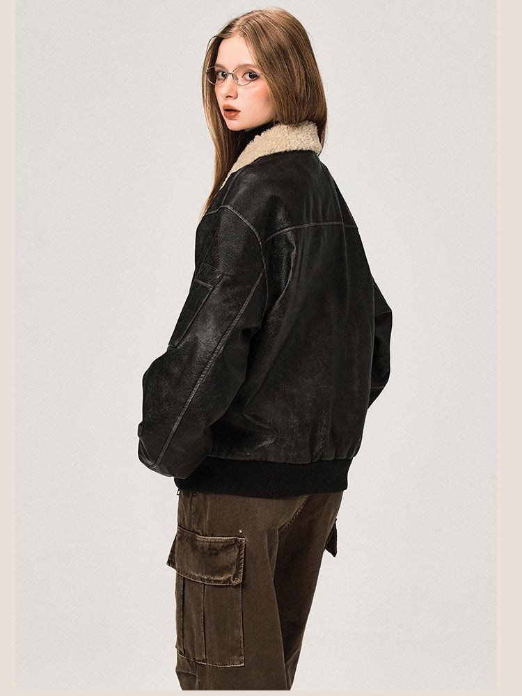 Veste en cuir PU avec col en laine d'agneau