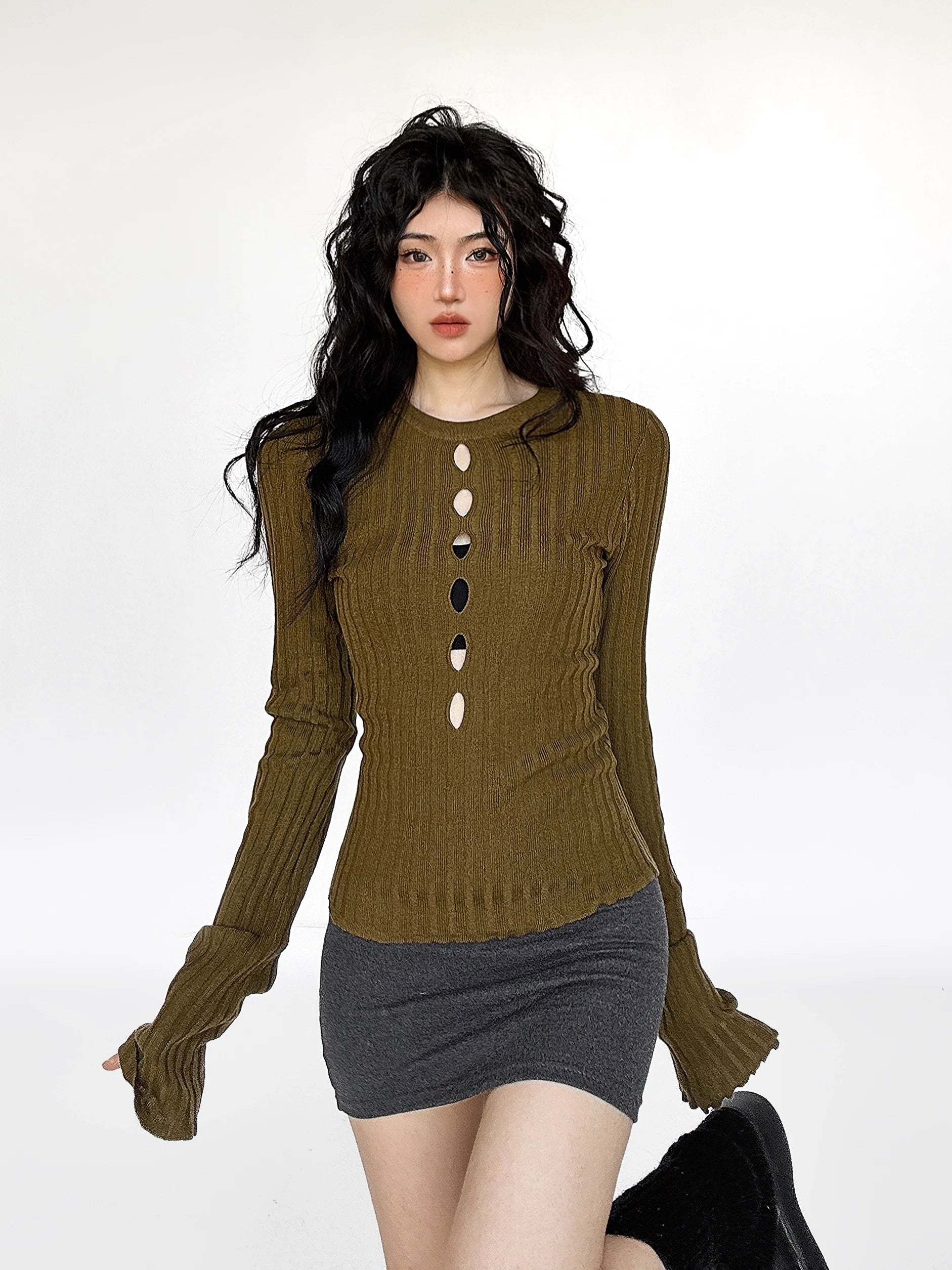 Cutout Ribbed Bell Sleeve Top