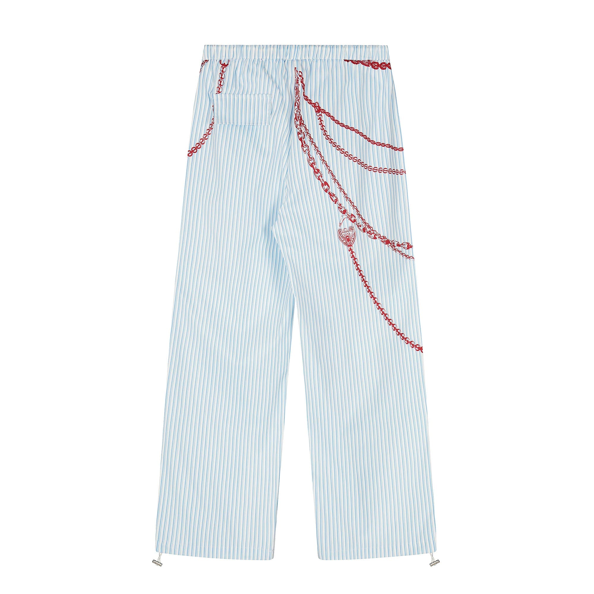 Blue Pinstripe Pants with Red Chain Print