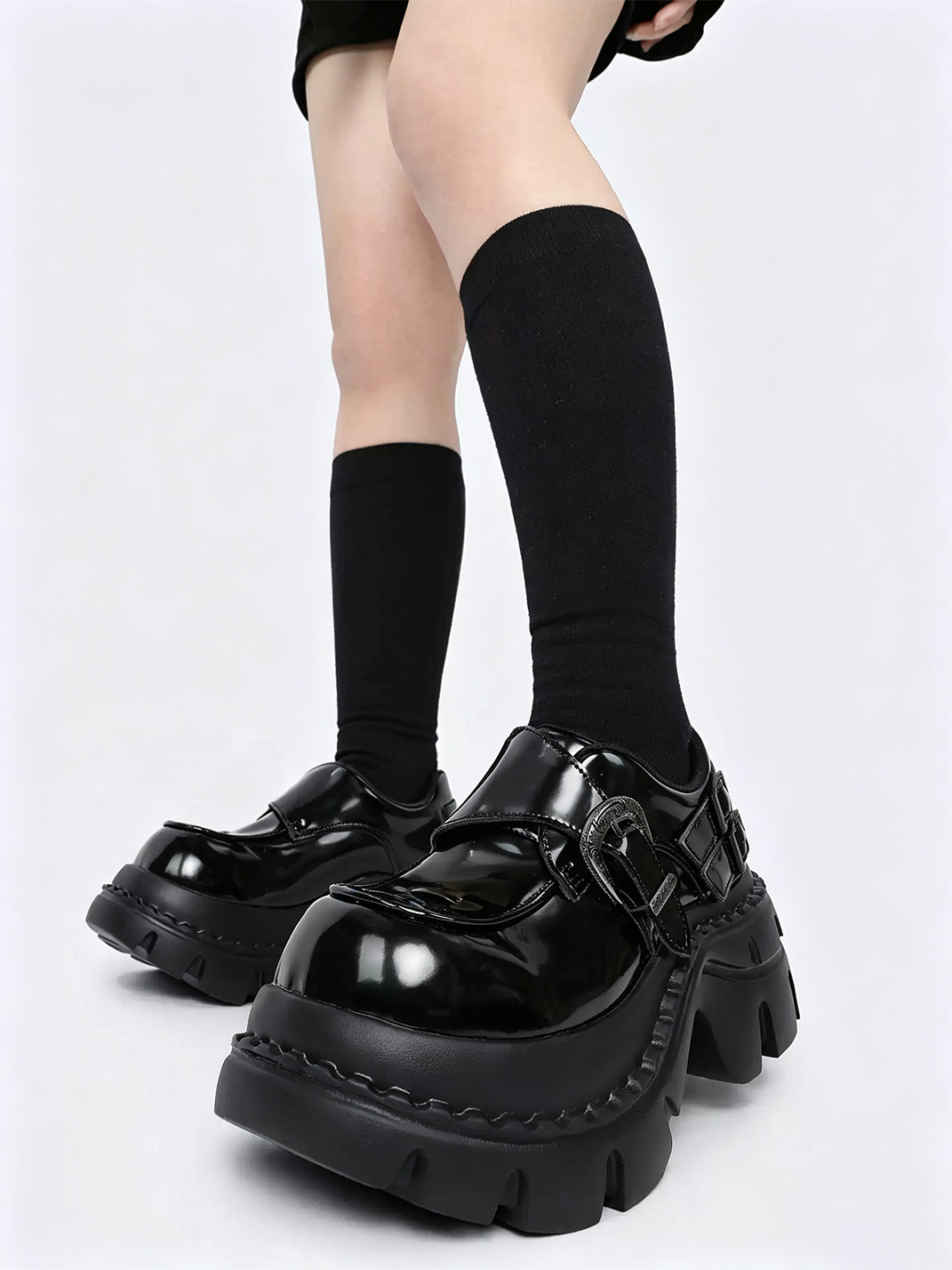Glossy Buckle Lug-Platform Block-Heel Loafers - view 2