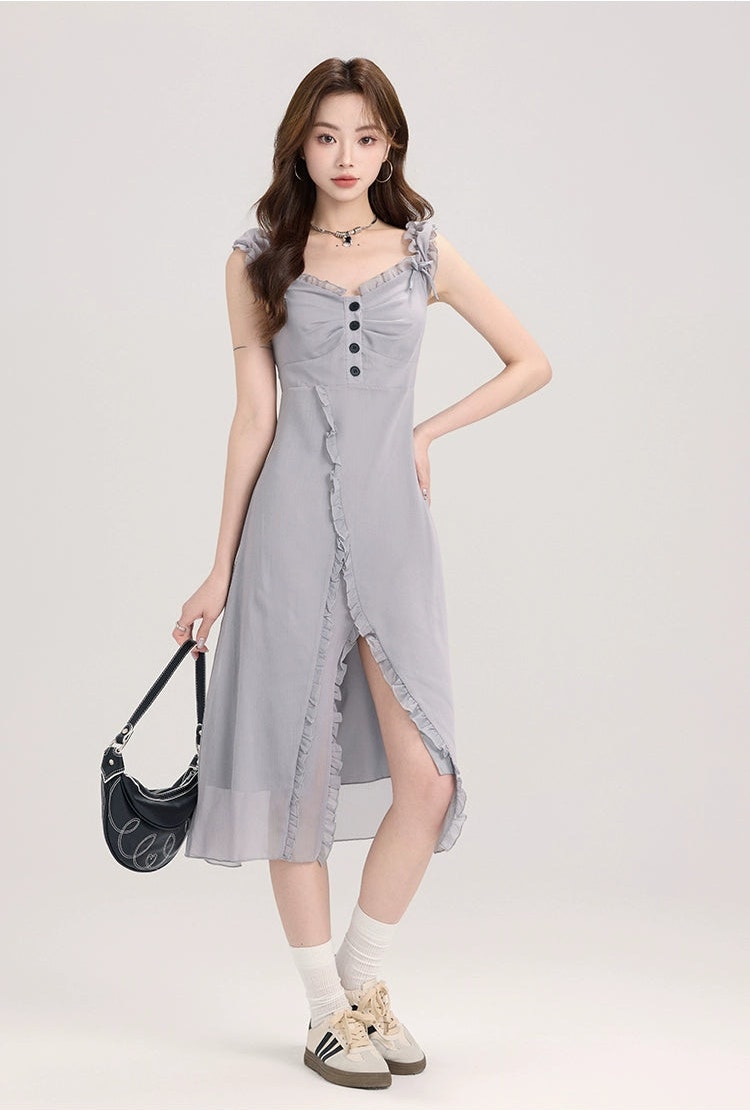 Ruffle Trim Button Front Midi Dress