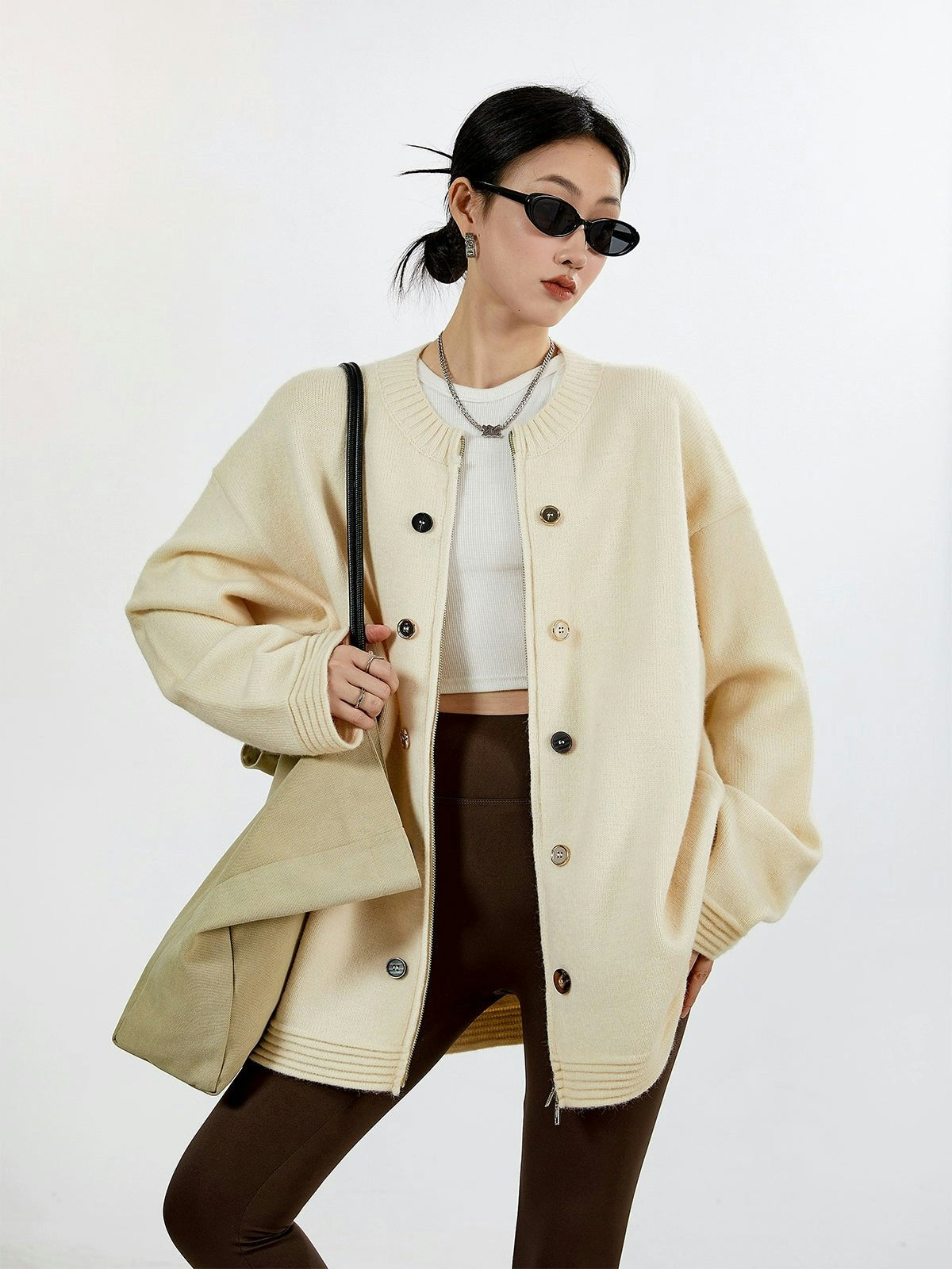 Ribbed Trim Oversized Button Zip Knit Cardigan